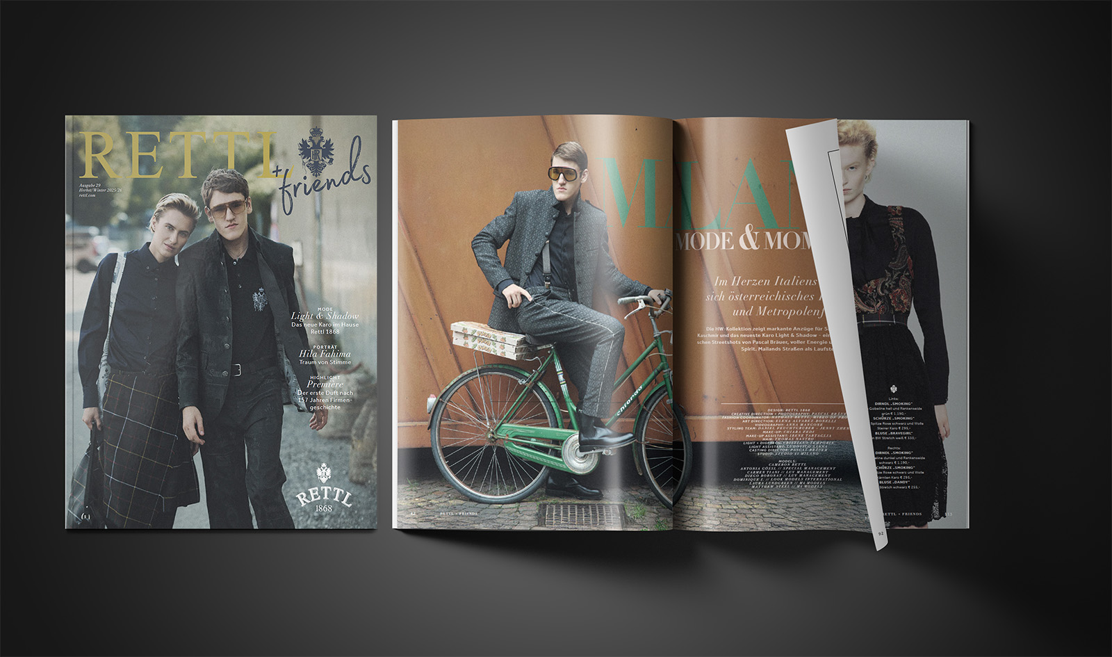 Ausgabe Nummer 29 des Rettl & friends Magazine zeigt auf 148 Seiten die neuen Kollektionen. Daneben finden sich spannende Porträts über das neue Rettl Parfum "Premiere", Sängerin Hila Fahima, Schauspieler Ludwig Blochberger, Restaurateur Armin Zingerle, dem hauseigenen Detektiv Sherlock McRettl und Bloggerin Sylvia Schreibt. Die exklusiven Fotos der neuesten Rettl-Mode wurden diesmal wieder von Pascal Bräuer in Mailand geschossen.